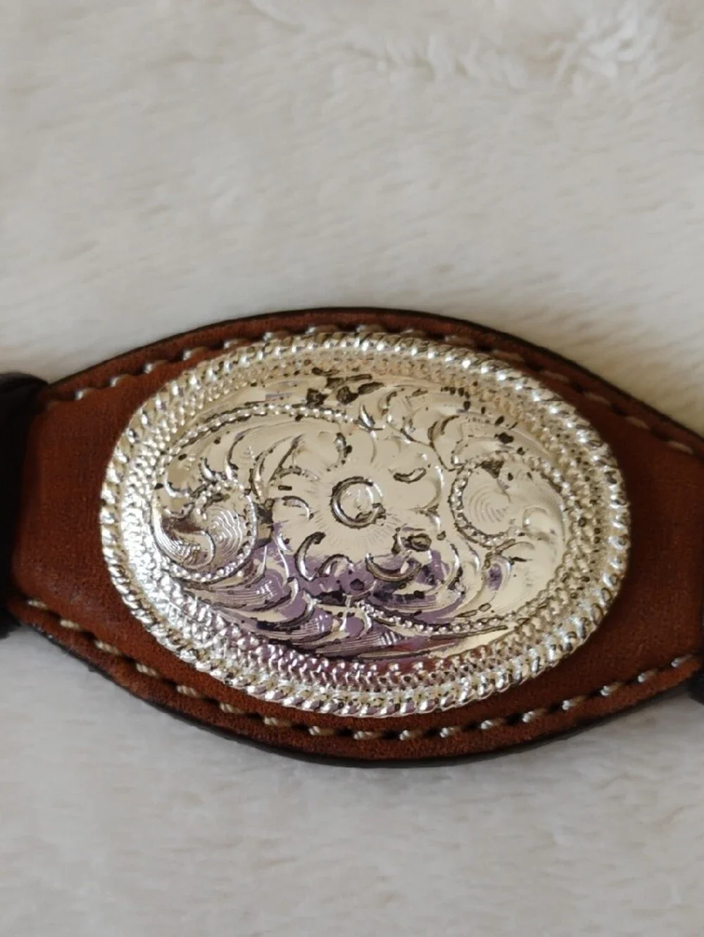 Women's Western  Leather Belt with Silver Look Conchos and Cream Braided Accents